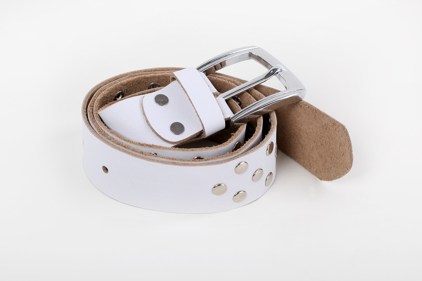 Leather belt, white, with large studs